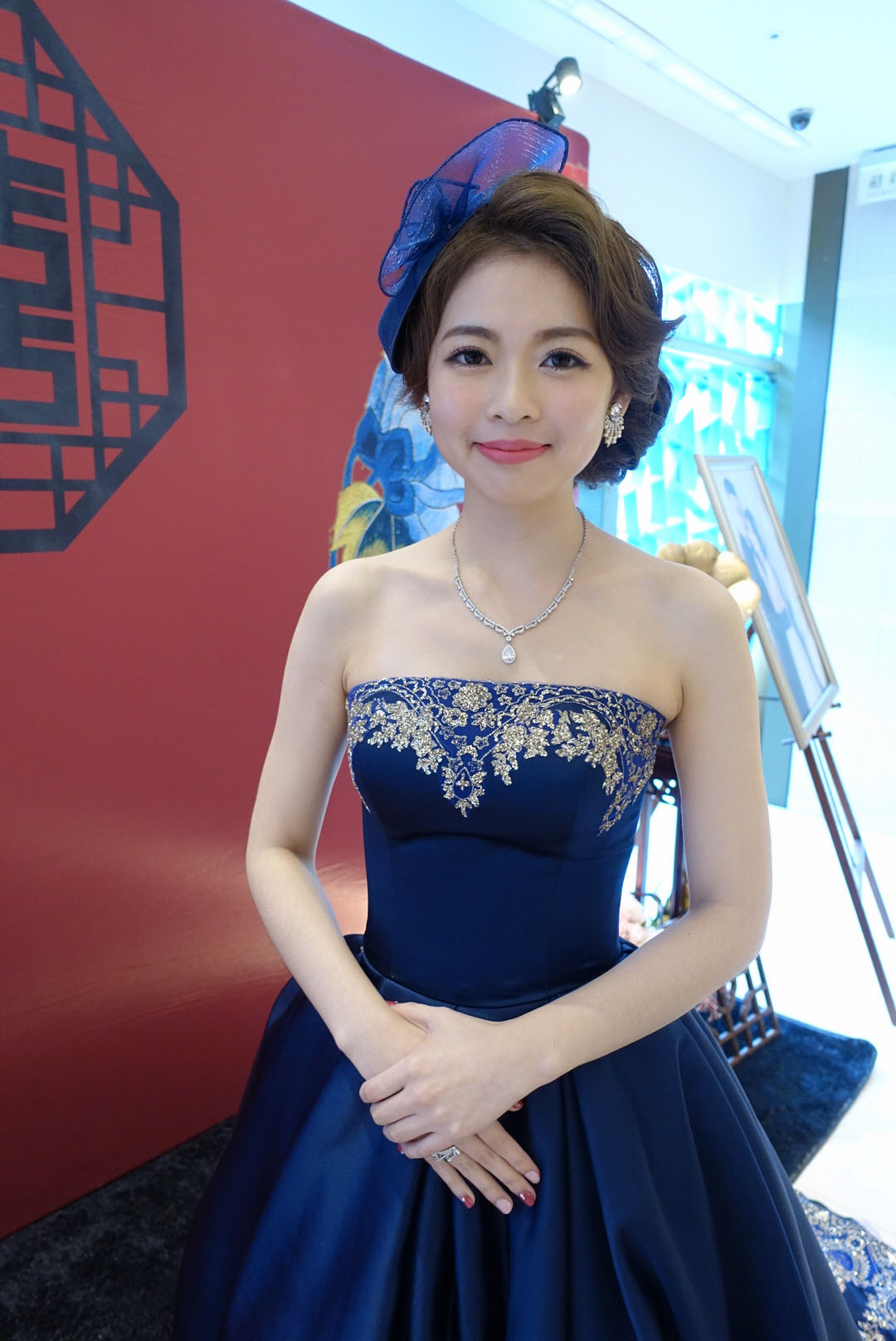 中式藍禮服小禮帽新娘婚紗髮型